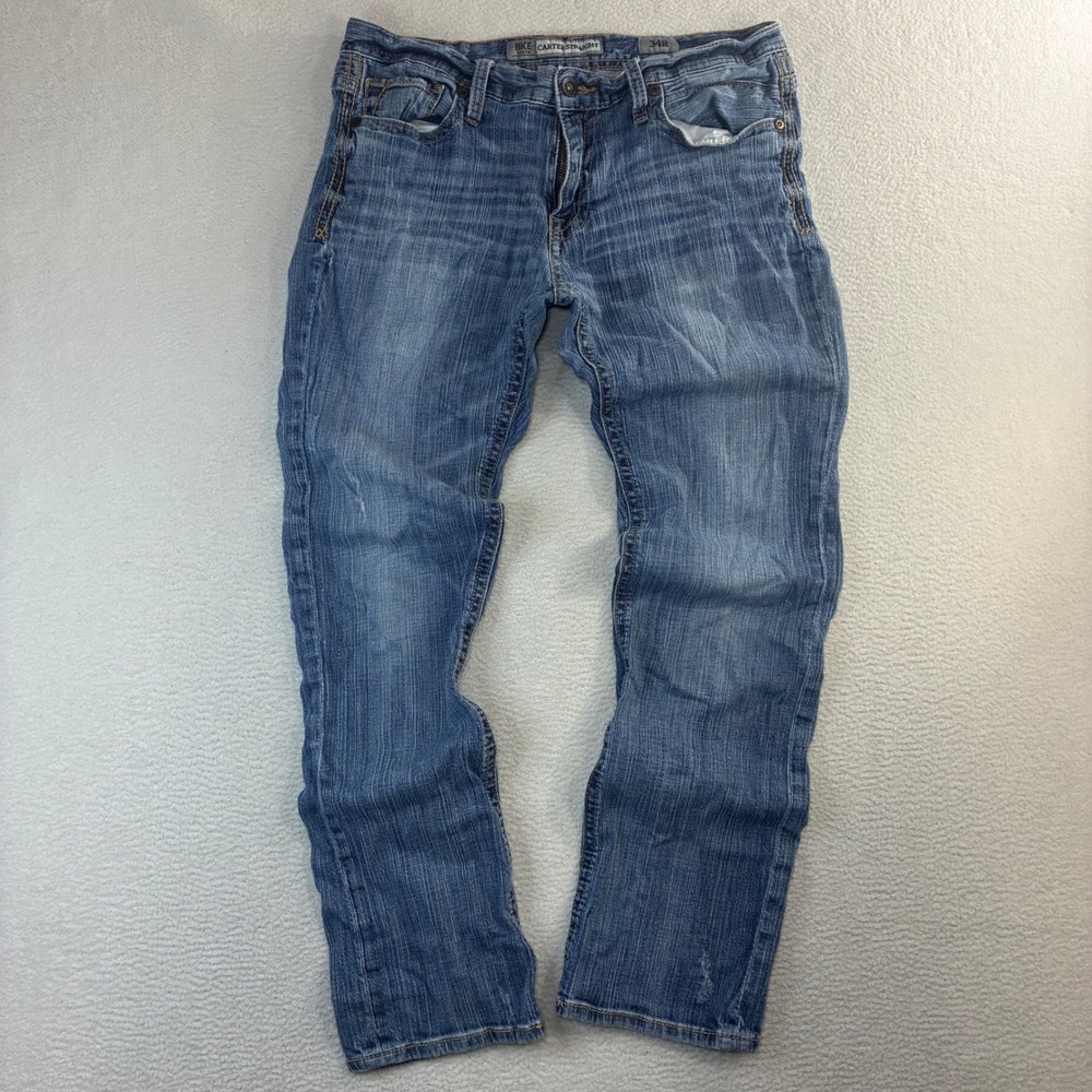BKE Buckle Carter Straight Jeans Men 34R 34x32 Blue Fade Whiskered Western Denim